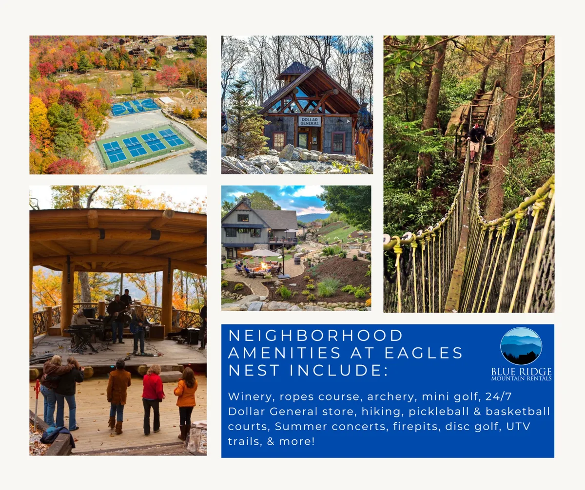 A lively outdoor recreation area at Eagles Nest resort featuring an outdoor concert amphitheater, sports courts, a ropes course, mini golf, and sweeping mountain views. Families and children can be seen enjoying various activities in a vibrant, community-oriented setting.