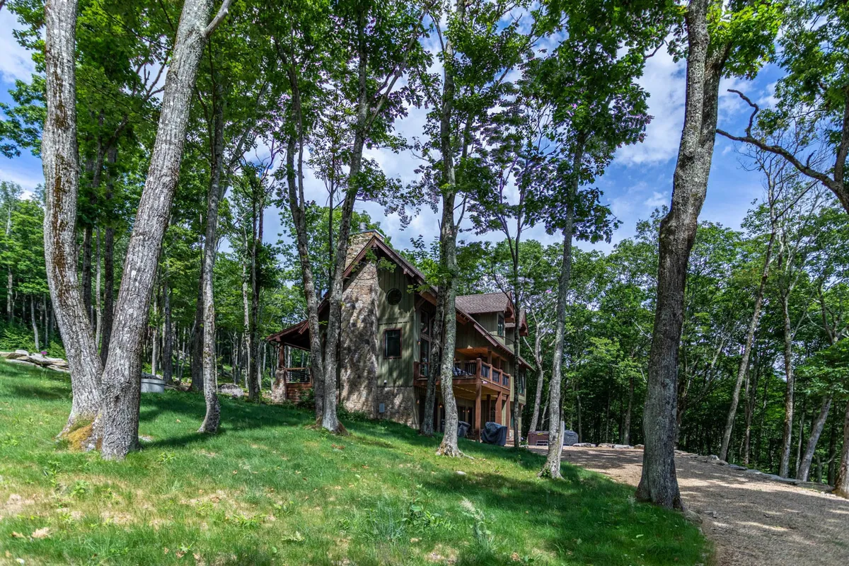 The image shows the stone and wood exterior of the house, surrounded by lush trees and a landscaped lawn. The inviting and tranquil mood visually supports the section's mention of both home comforts and the connection to nature, ideal for pets and their owners to relax and play.